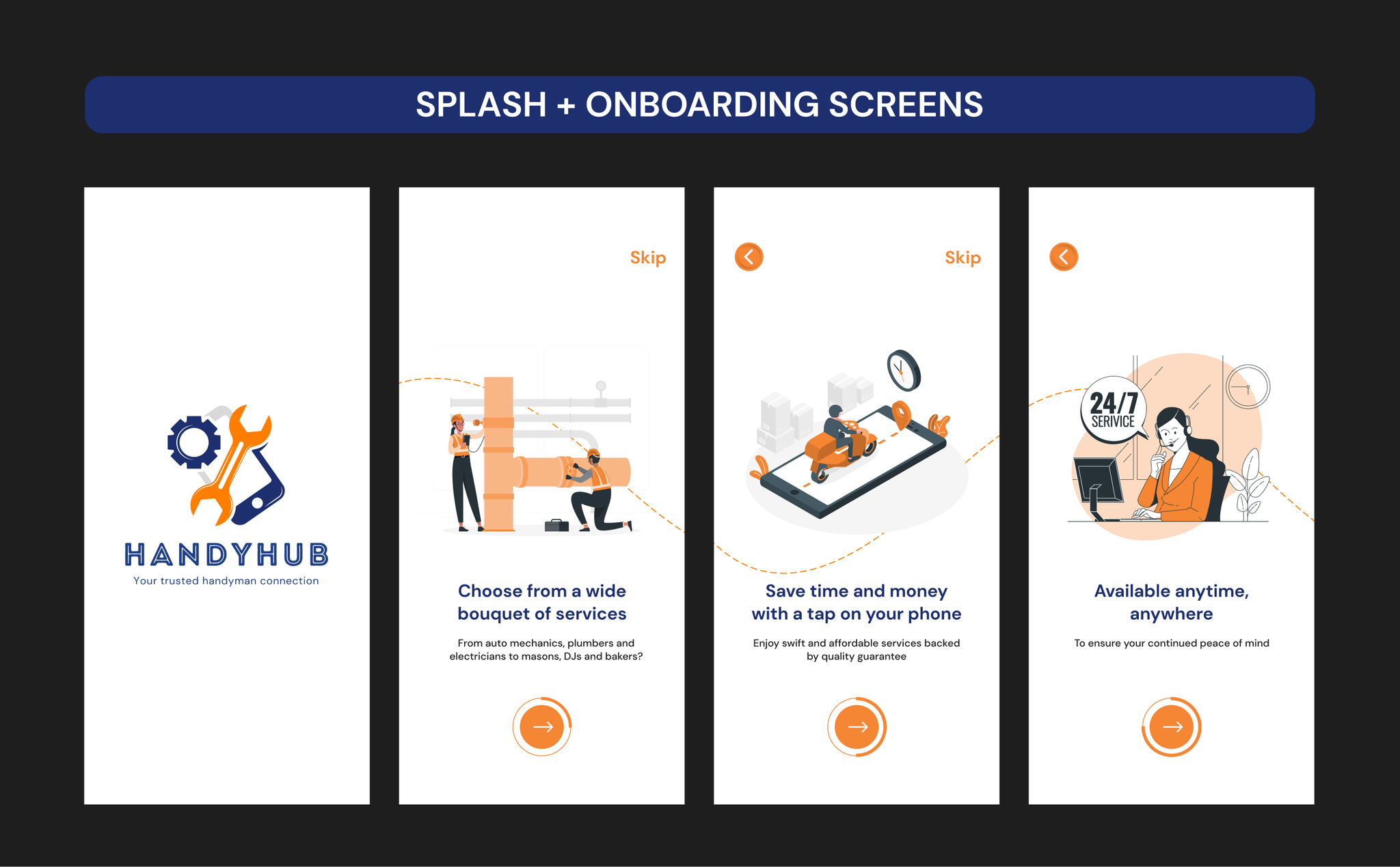 HandyHub final mobile app mockups showing onboarding and service discovery