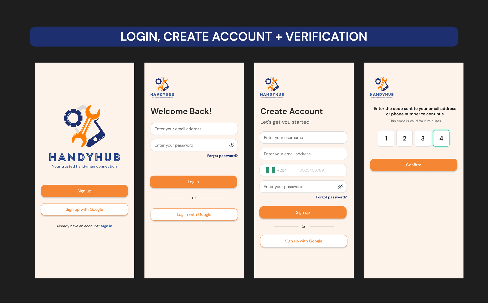 HandyHub final mobile app mockups showing booking and handyman profile screens