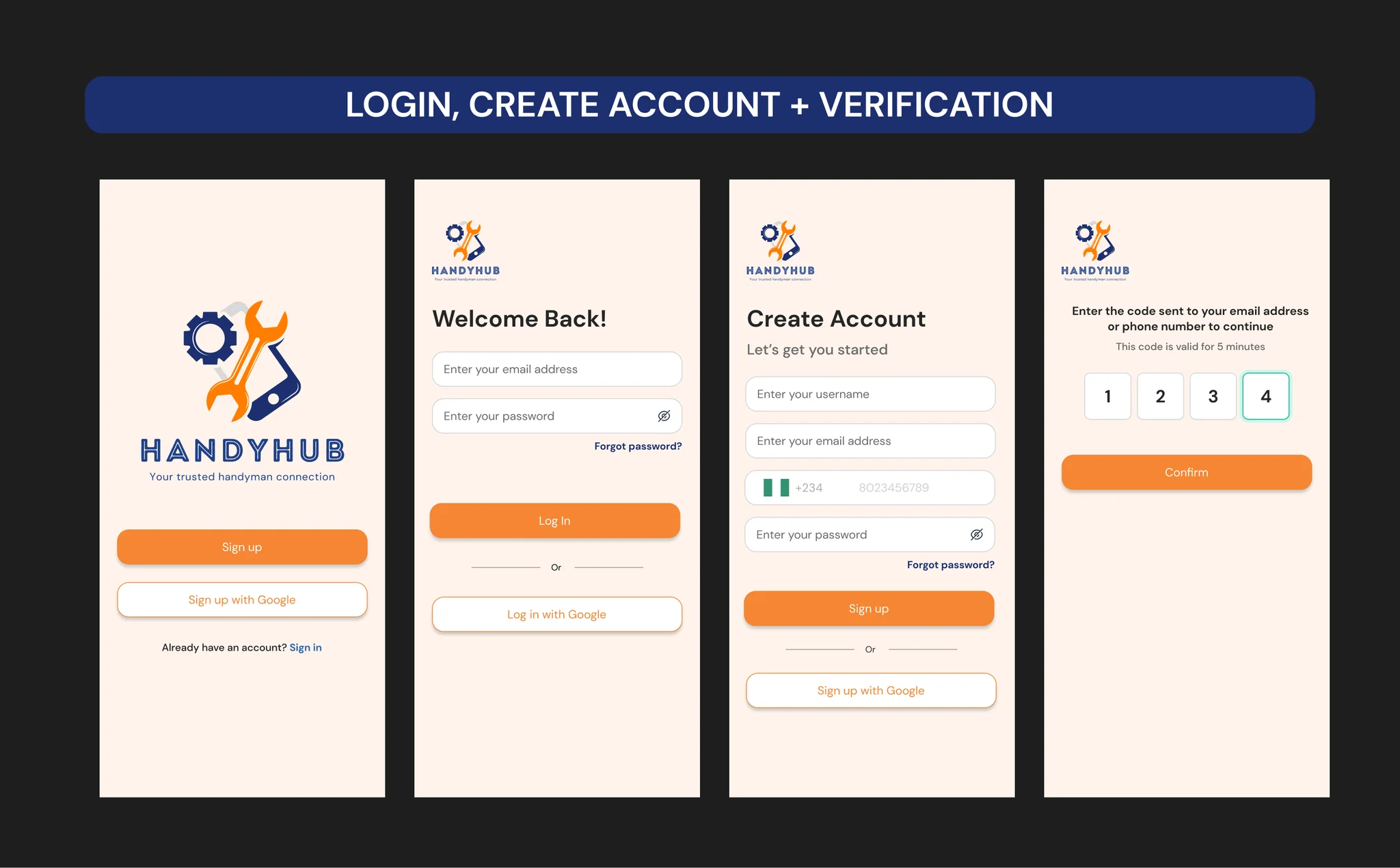 HandyHub final mobile app mockups showing booking and handyman profile screens