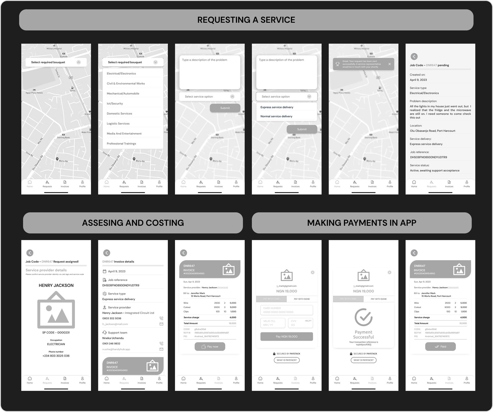 HandyHub wireframes for key mobile app screens